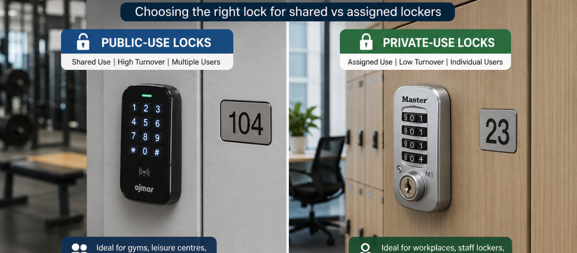 Public-use and private-use locker locks installed on workplace and gym lockers in the UK