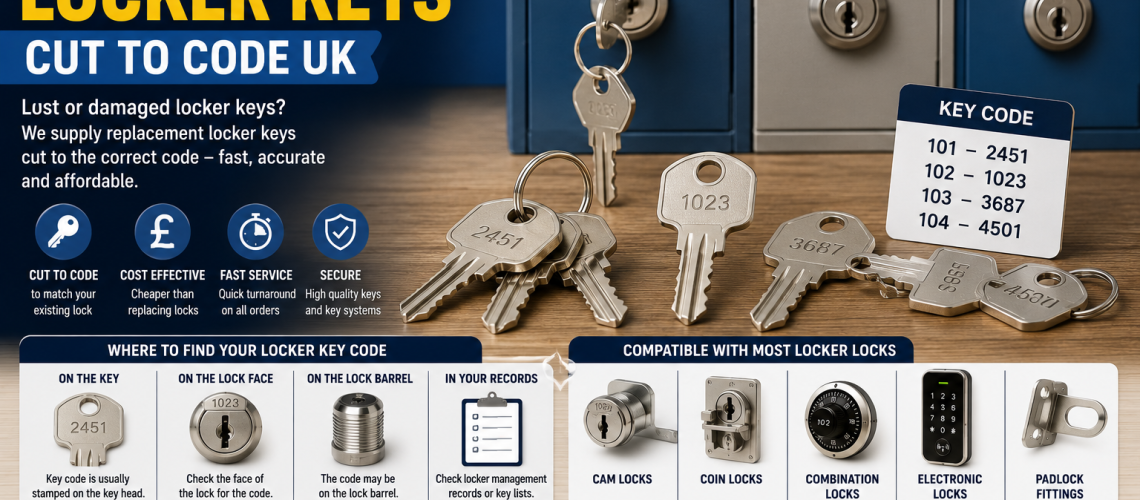 Replacement locker keys cut to code beside numbered locker locks and locker key systems for UK schools, workplaces and gyms