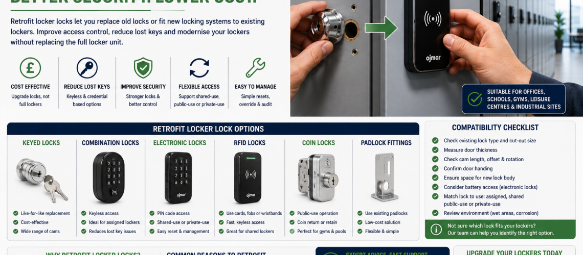 Retrofit electronic locker locks fitted to existing workplace lockers during a commercial locker upgrade in the UK