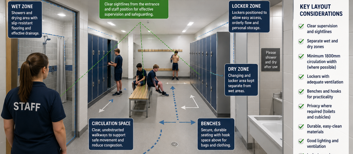 School changing room layout in a UK education setting with lockers, benches, wet and dry zones, student circulation space and supervision sightlines
