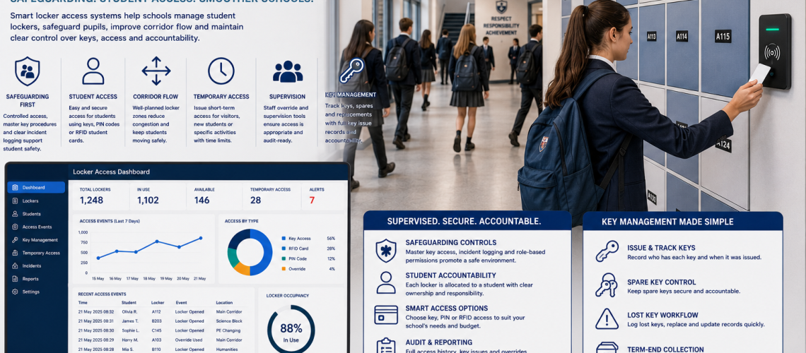 School locker access system with student lockers, supervised corridors, RFID access cards and organised locker zones in a modern UK secondary school