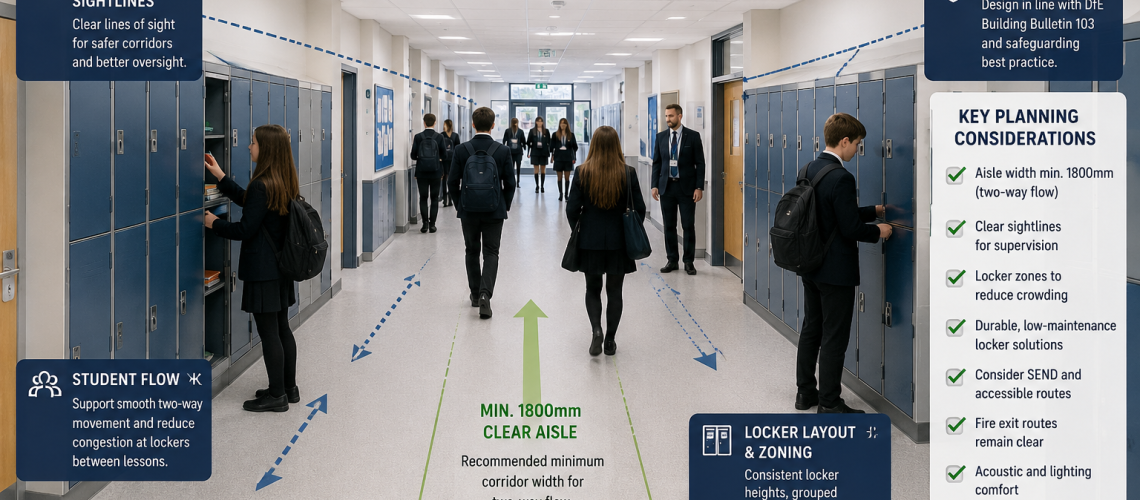 School locker corridor planning layout in a UK secondary school with lockers, student circulation space, supervision sightlines and anti-congestion design