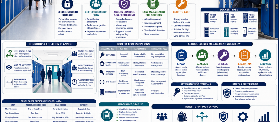 School locker systems infographic showing student lockers, corridor planning, locker access control and school locker management in the UK.