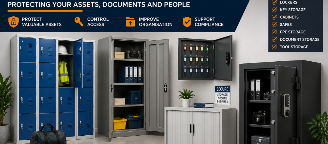 Secure storage systems for businesses showing lockers, cabinets and safes in a UK workplace environment