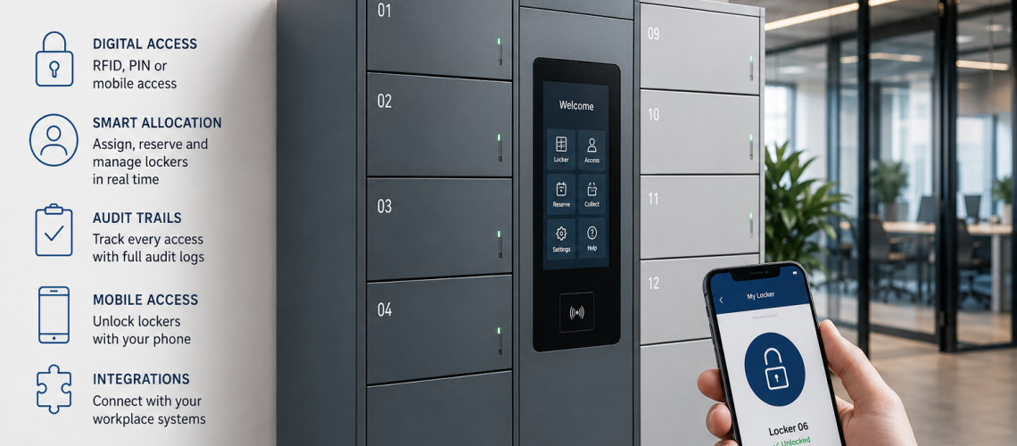 Smart locker systems UK with digital locks, touchscreen interface and mobile access in modern workplace environment