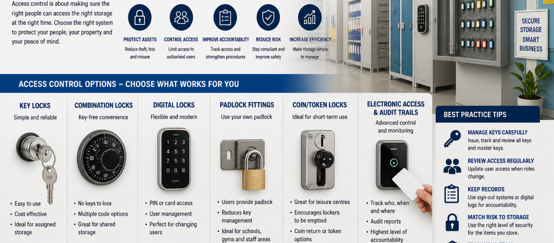 Storage access control UK showing lockers, key cabinets and digital lock systems in a workplace environment