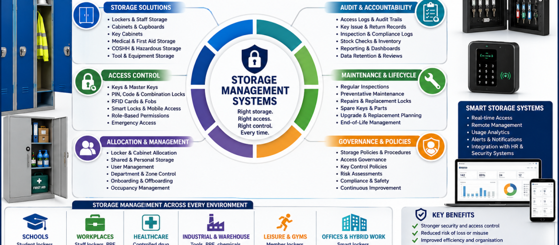 Locker management systems infographic showing locker allocation, access control, occupancy management and smart locker administration in the UK.