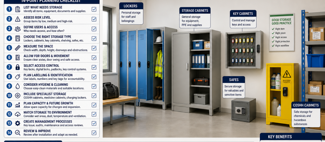 Storage system planning checklist UK showing lockers, cabinets and layout planning in a workplace environment