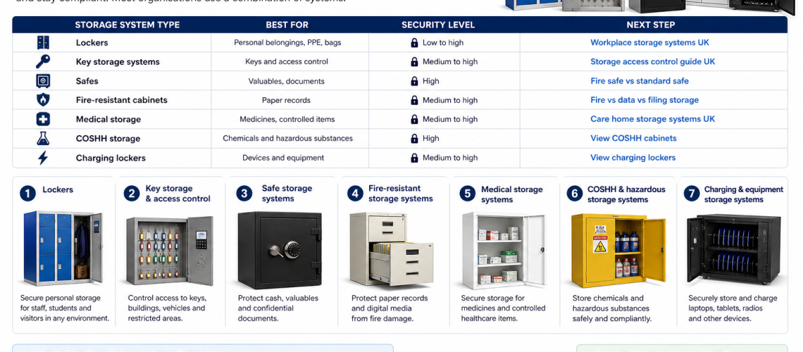 Types of storage systems UK showing lockers, safes, cabinets, COSHH storage and charging lockers in a workplace environment