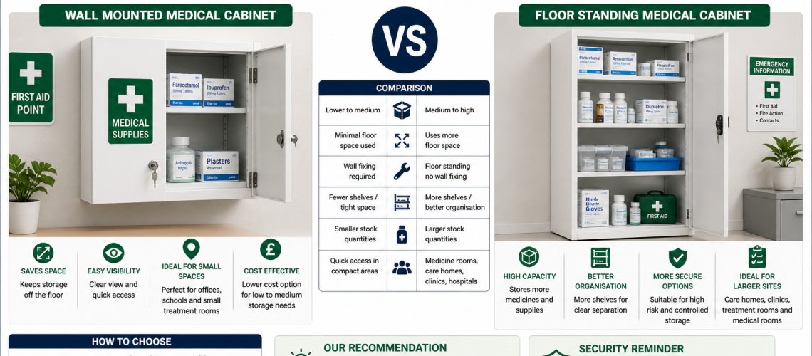 Wall mounted vs floor standing medical cabinets UK comparison showing compact wall cabinet and large floor standing unit