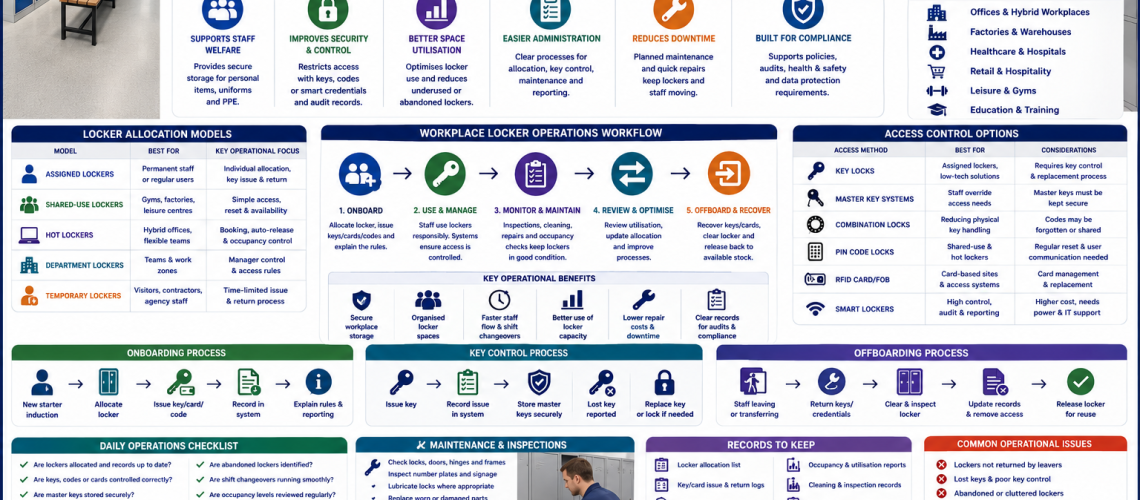 Workplace locker operations infographic showing staff locker allocation, access control, key management and workplace storage systems in the UK.