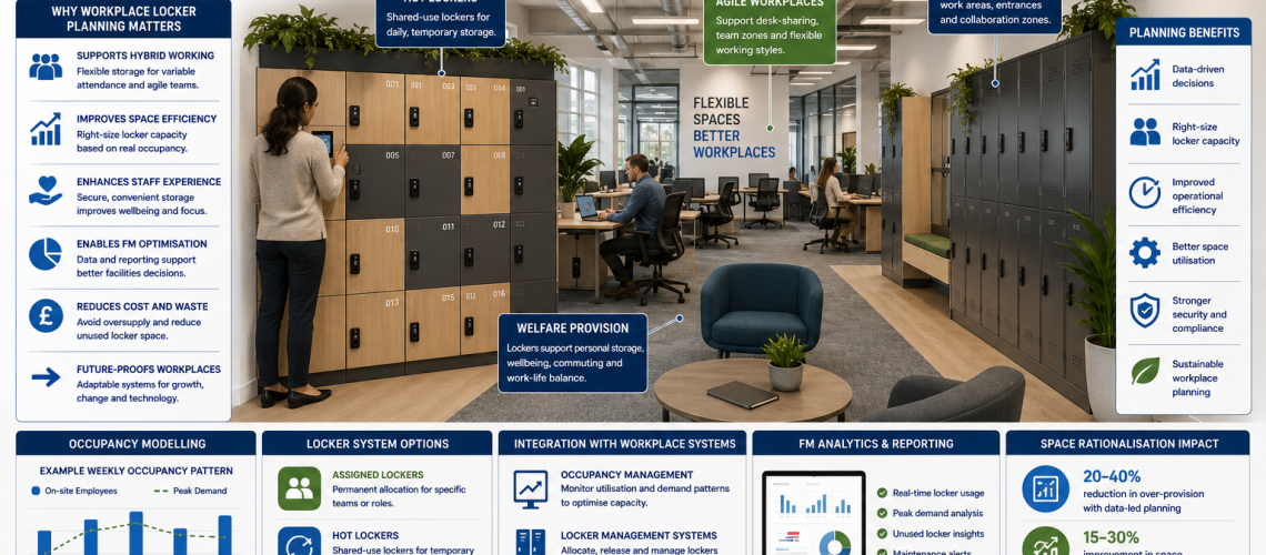 Modern workplace locker planning system in a UK hybrid office showing hot lockers, flexible storage zones, occupancy management and agile workplace locker layouts
