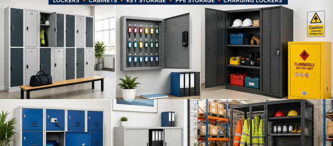 Workplace storage systems UK showing lockers, cabinets and secure storage in office and warehouse environments