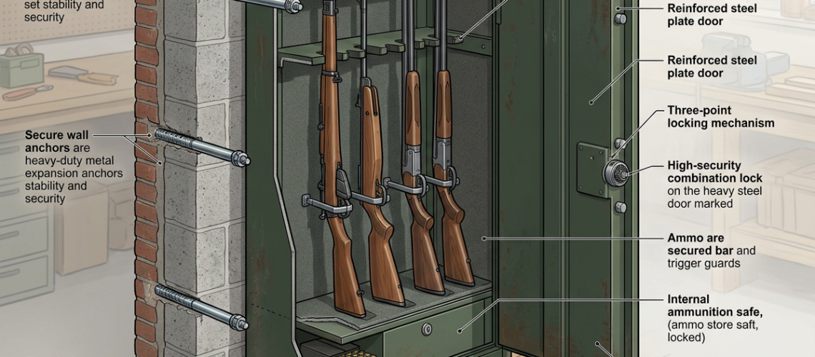 Gun safe with rifles inside, showing internal bracing, reinforced steel door, locking mechanism, secure wall anchors, floor bolts, and internal ammunition safe.