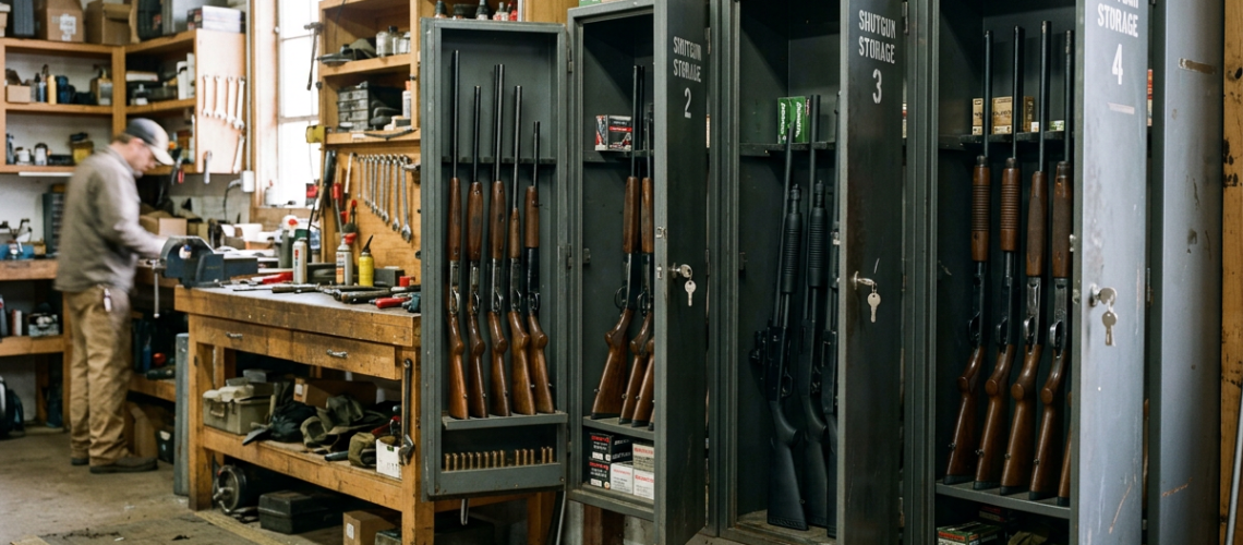 Shotgun storage cabinets with various shotguns and ammunition in a workshop