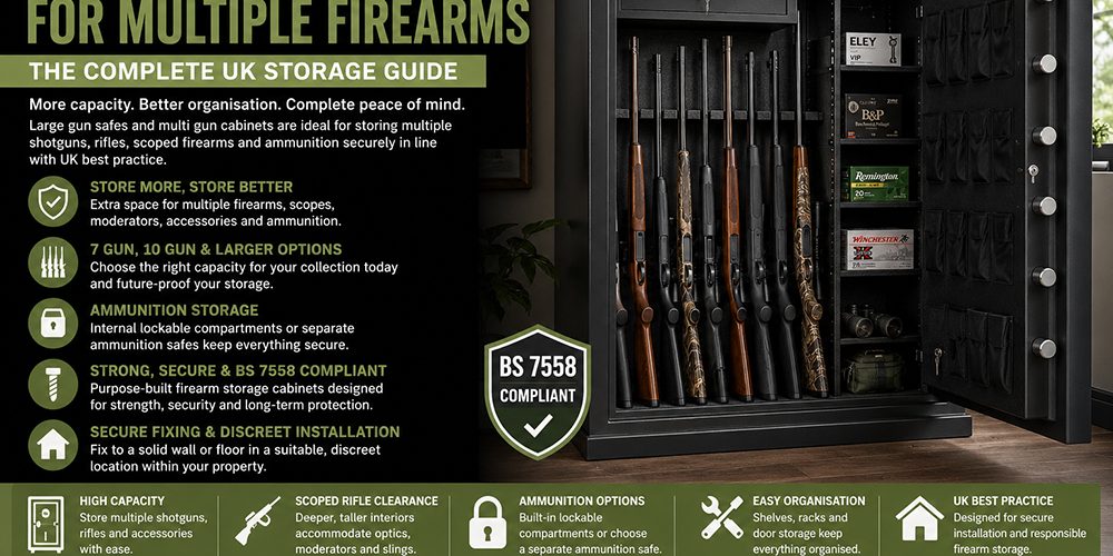 large gun safe for multiple firearms, shotguns and rifles in secure UK storage
