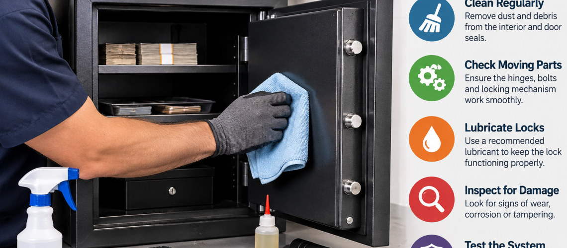 Cash safe maintenance inspection showing cleaning, lock checks, hinges, bolts and security testing