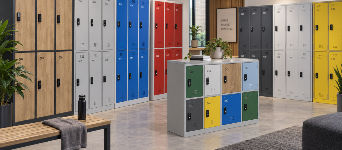 Commercial lockers in multiple colours and wood-effect finishes.