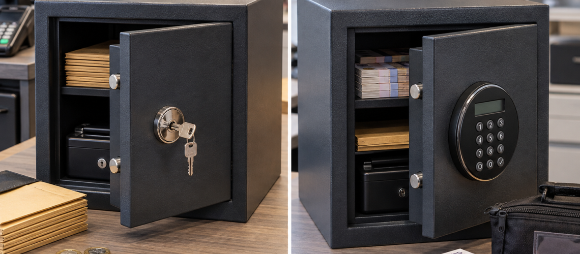 Key-operated cash safe compared with an electronic keypad cash safe for UK business security