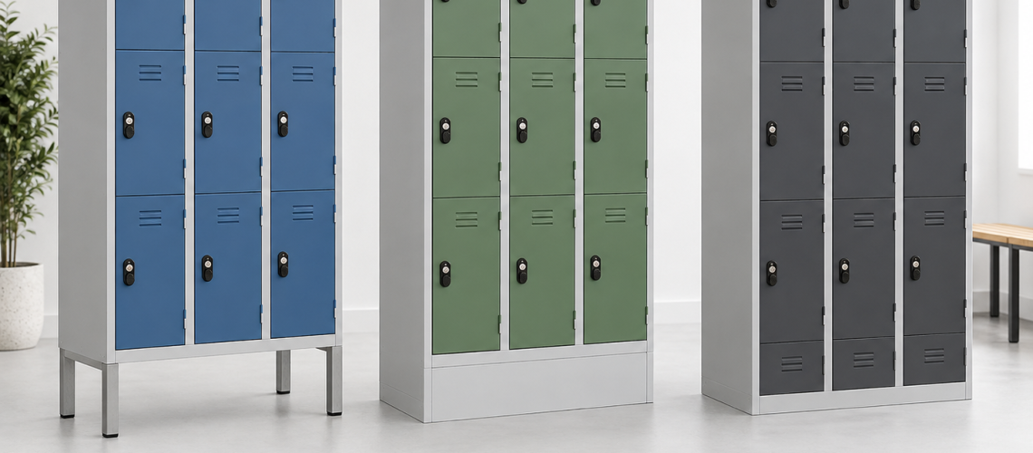 Metal lockers showing three installation options: raised locker stands, solid plinth bases and lockers fitted with sloping tops.