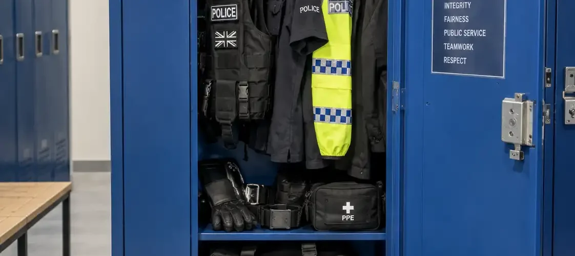Police locker with body armour, uniform, boots, helmet and equipment storage