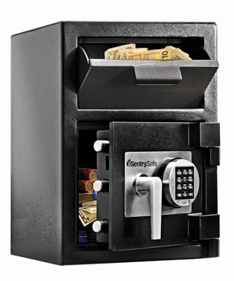 Under-counter cash safe for secure till drops and banknote deposits in a UK retail or business environment