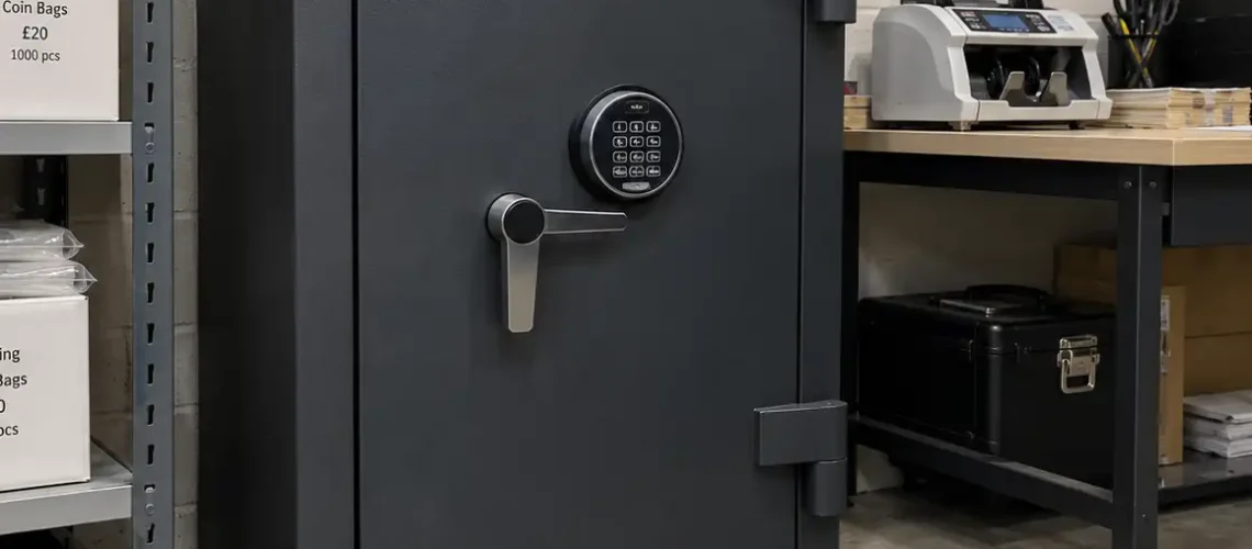 Commercial cash safe securely floor anchored in a UK business premises