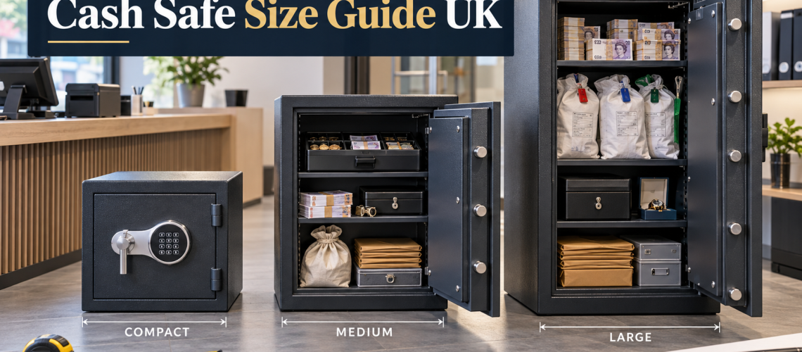 Cash safe size guide showing compact, medium and large business safes with different internal storage capacities