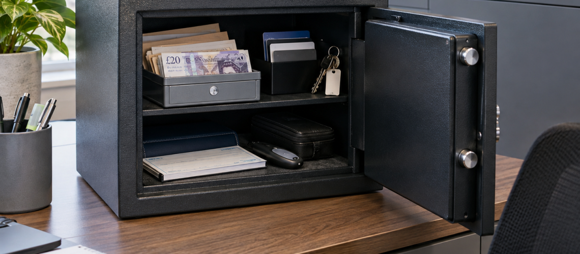 Office cash safe storing petty cash, company cards, keys and business valuables in a UK workplace