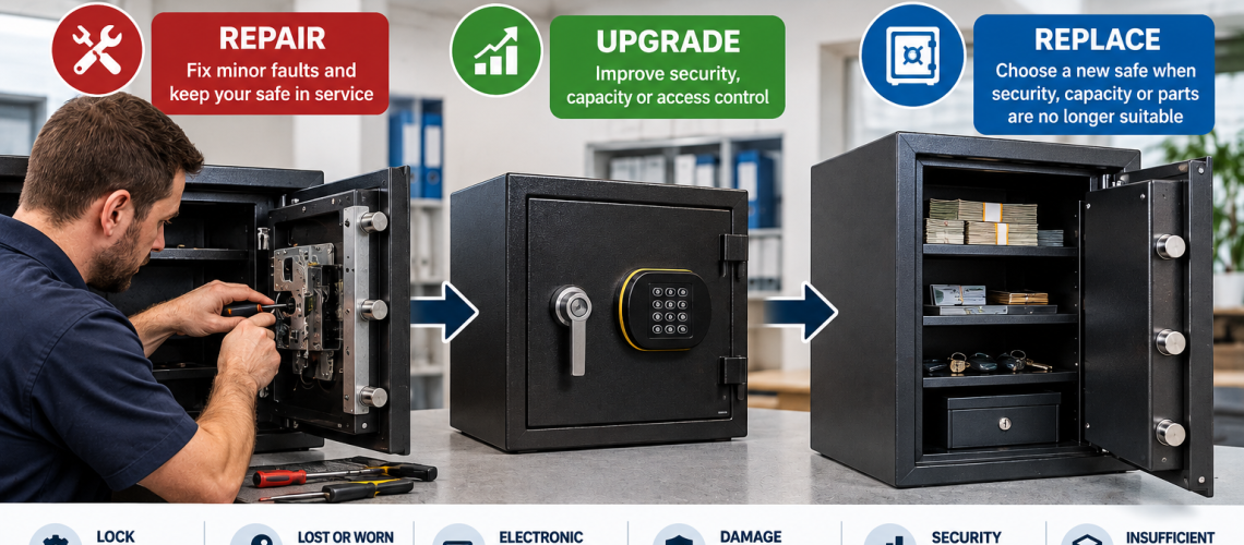 Cash safe replacement guide showing when to repair, upgrade or replace a business safe