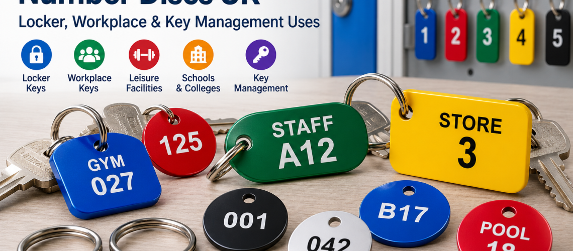 Engraved key fobs and number discs for lockers, workplaces, leisure facilities and key management