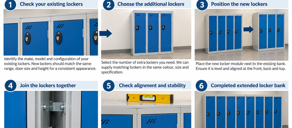 How to extend a bank of lockers by matching, positioning, joining and levelling additional locker units
