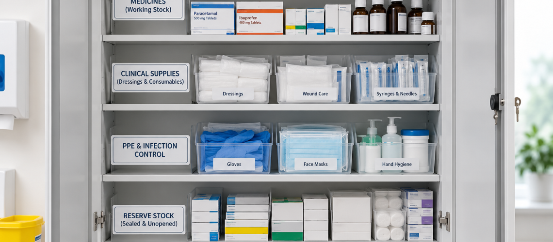 Organised medical cabinet with labelled shelves for medicines, clinical supplies, PPE and reserve stock