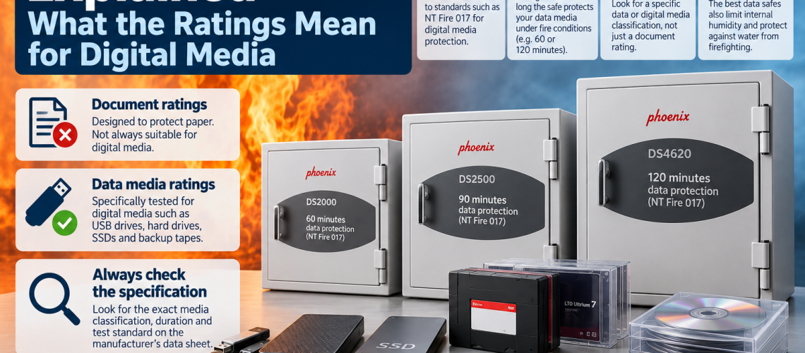 Data safe fire ratings infographic showing Phoenix DS2000, DS2500 and DS4620 safes with digital media and fire protection classifications