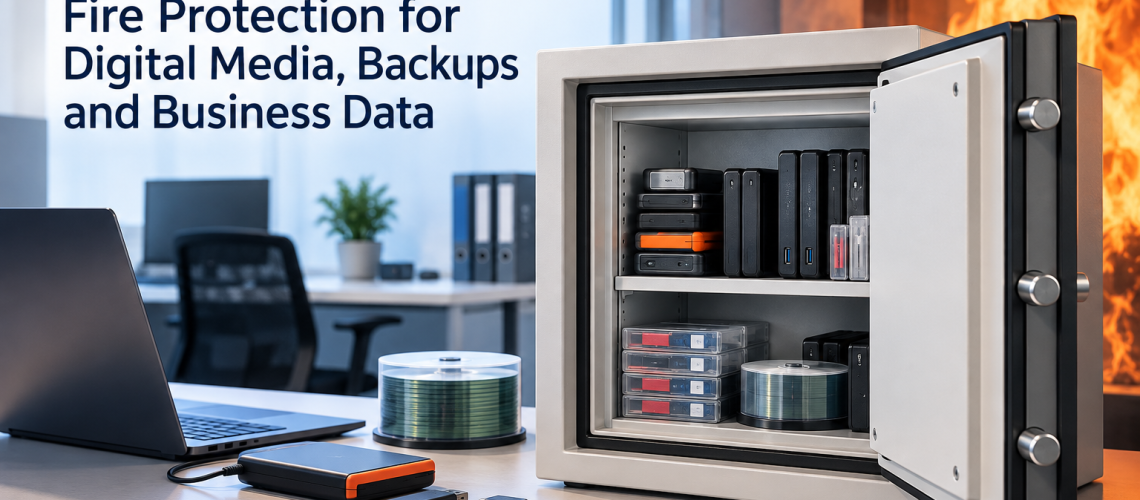 Data safe protecting hard drives, backup media and business data from fire