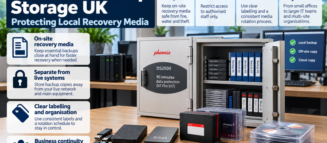 Business data safe storing USB drives, hard drives, SSDs, backup tapes, memory cards and optical discs