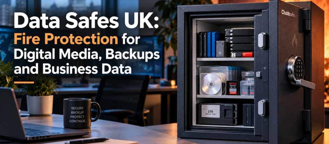Data safe protecting hard drives, backup tapes, USB media and business data from fire