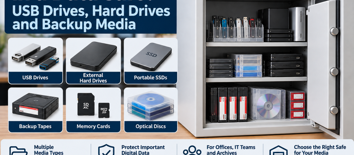 Data safe storing USB drives, hard drives, SSDs, backup tapes, memory cards and optical discs