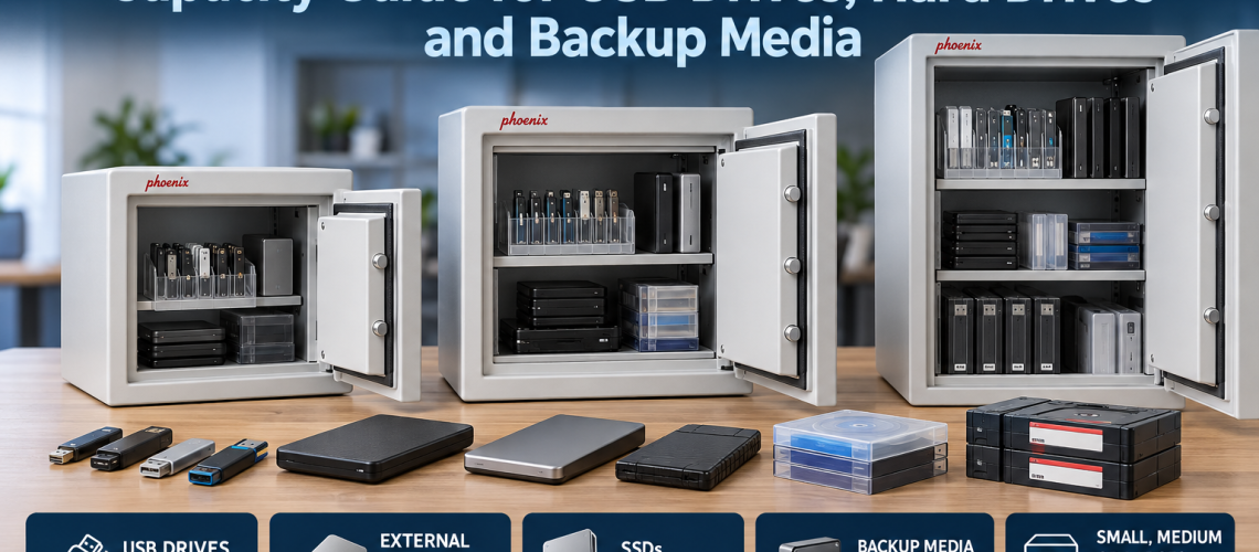 Small, medium and large data safes showing storage for USB drives, hard drives, SSDs and backup media